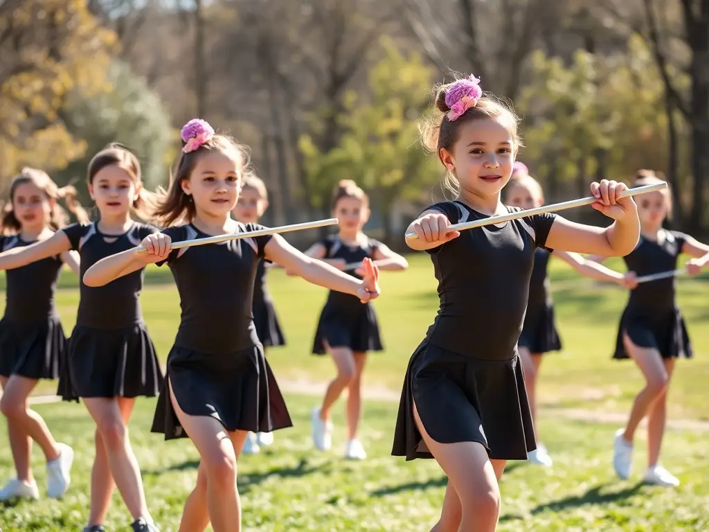 A group of young twirlers in uniform practicing a synchronized routine outdoors, showcasing teamwork and precision.