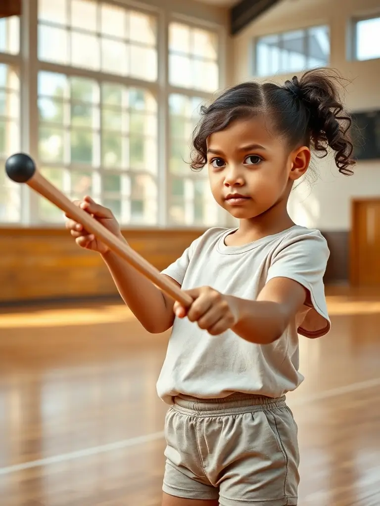 A young twirler in a focused stance, practicing basic twirls with a baton in a well-lit gymnasium, showcasing the foundational training provided by the ARPAJON TWIRLING CLUB.