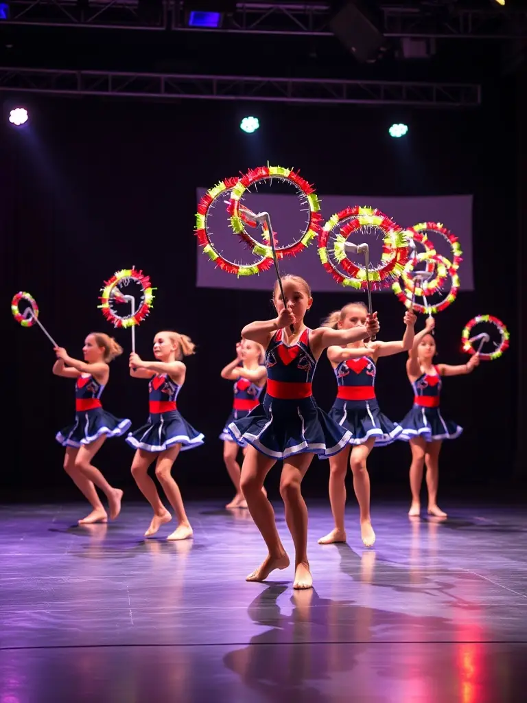 Image of advanced twirlers performing a complex routine with multiple batons, showcasing precision and artistry.
