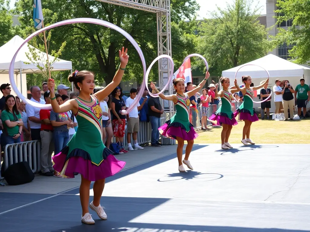 A diverse group of twirlers of different ages and backgrounds participating in a community twirling event, highlighting inclusivity and engagement.