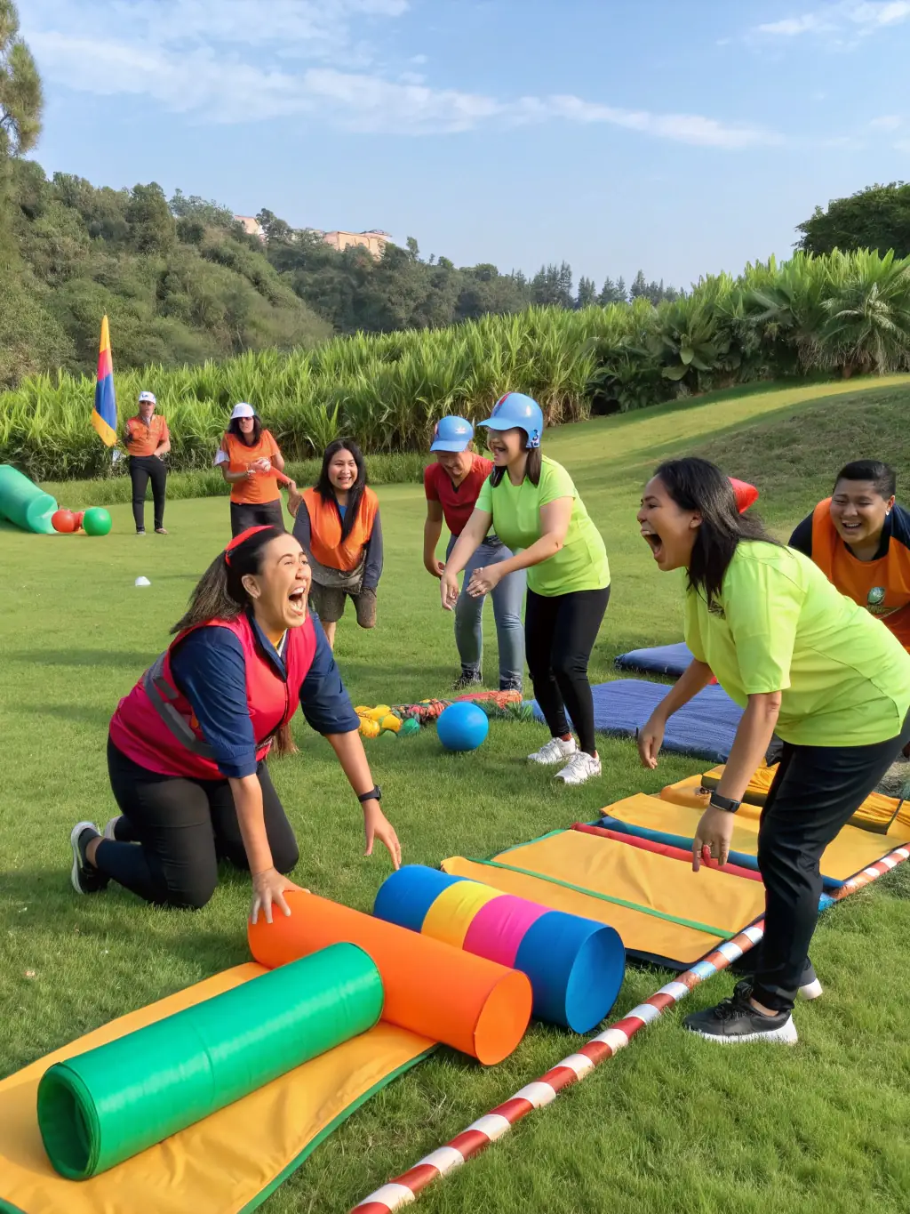 A group of twirlers participating in a team-building exercise, emphasizing collaboration and camaraderie.