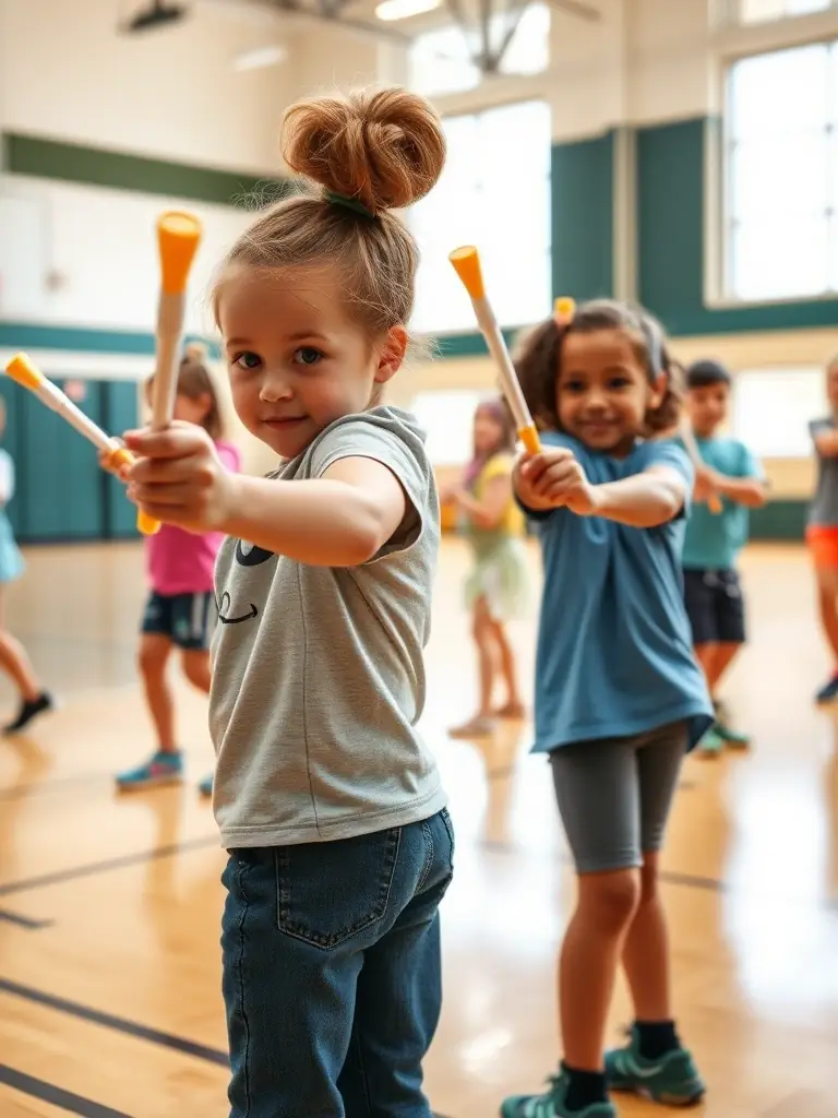 A diverse group of twirlers of different ages and skill levels, interacting positively and supporting each other. The setting is a club social event.