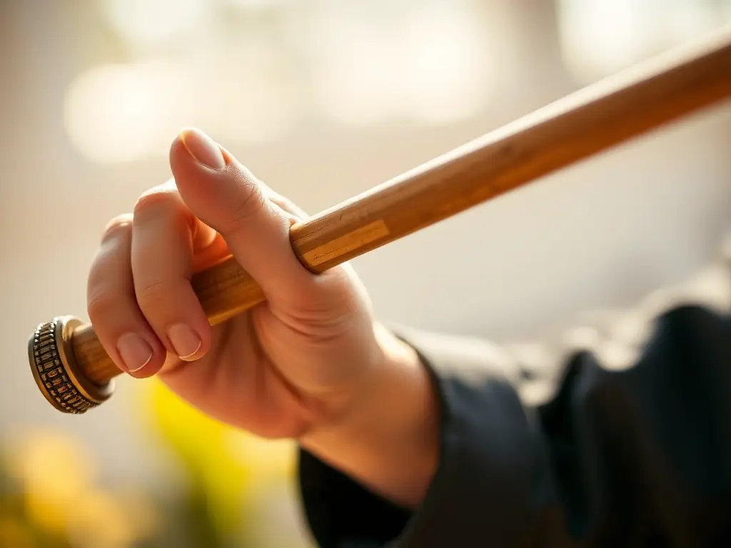 A close-up shot of a twirler's hands expertly manipulating a baton during a competition, emphasizing skill and focus.