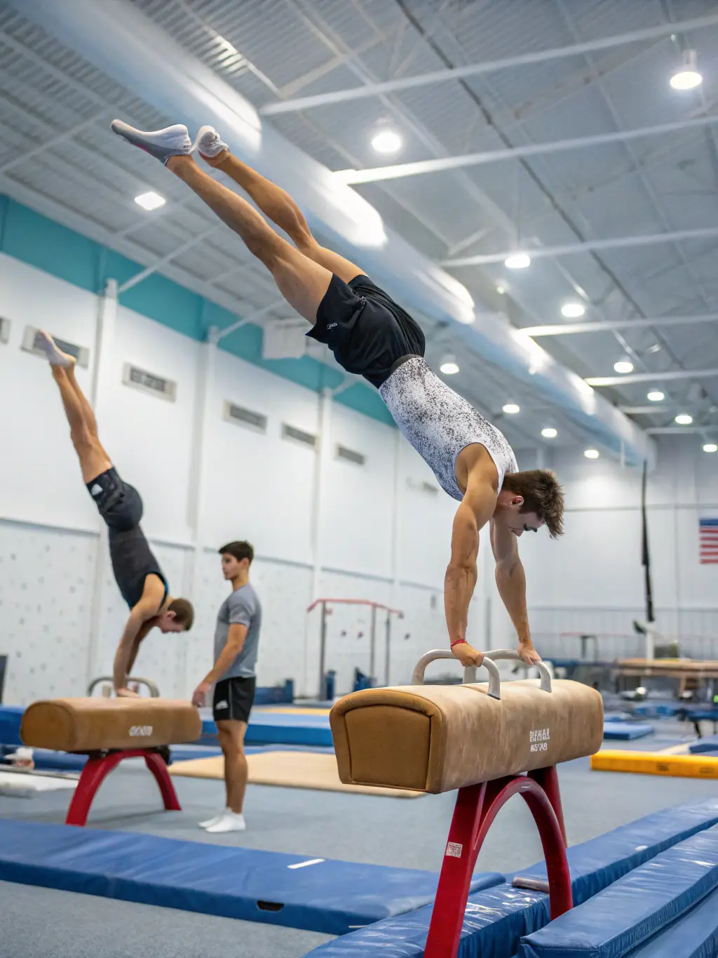 Action shot of young twirlers practicing basic baton techniques in a gymnasium, focusing on hand-eye coordination and baton control.