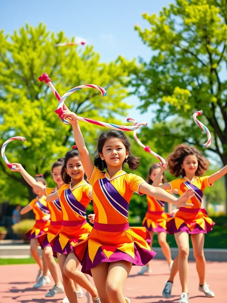 A group of intermediate twirlers performing synchronized routines with batons, demonstrating the teamwork and skill development in the ARPAJON TWIRLING CLUB's intermediate program.